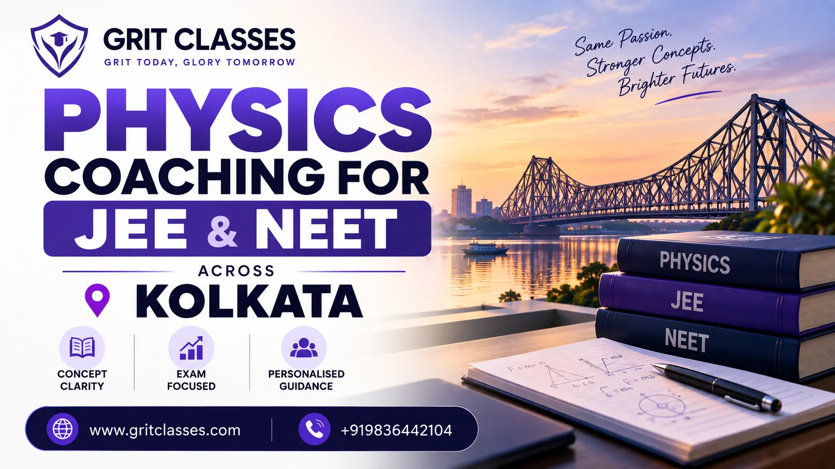 A student attending a live online physics class from home, representing access to coaching across Kolkata